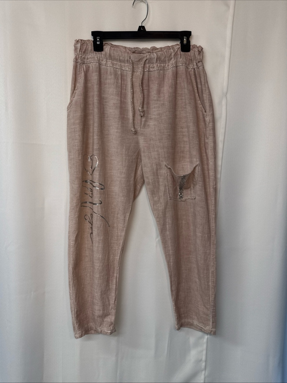 Made In Italy Pants Pull On Elastic Waist Sz S/M Dusty Pink Boho Lagenlook Artsy